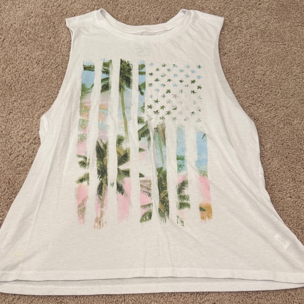 White Sleeveless Top with Palm Tree Print
